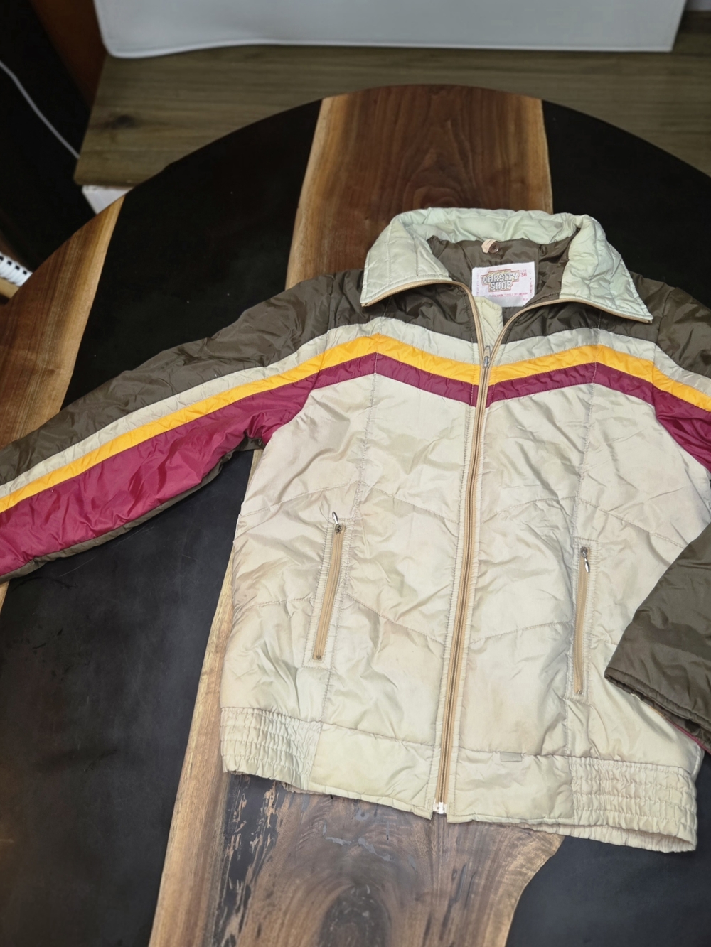 Varsity Colorblock Quilted Bomber Jacket in Beige, Brown, Maroon & Yellow